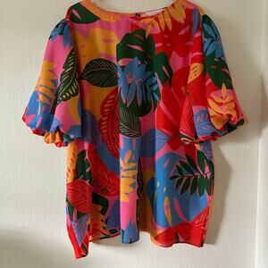 Sugarlips Womens Bold Print Blouse Size 3X Tropical Vacation Bright Puff Sleeve